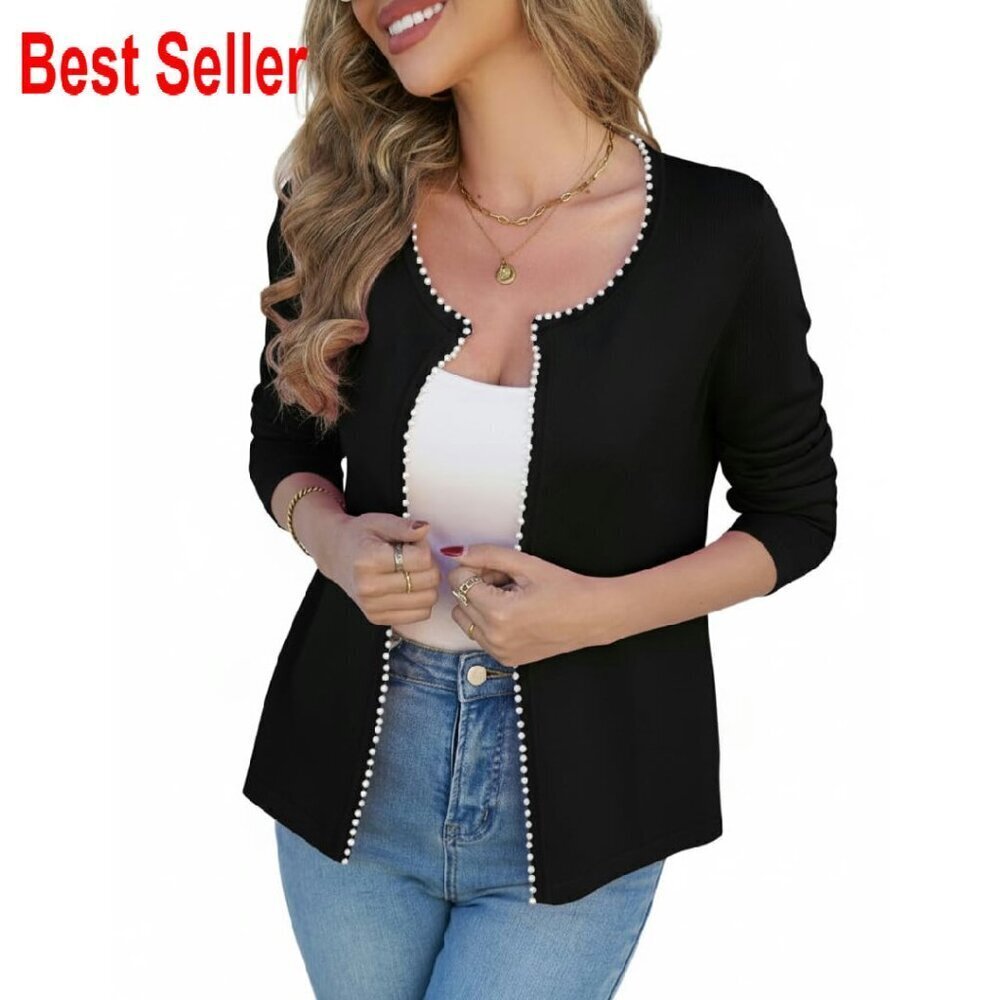 Lightweight Open Front Sweater Cardigan Pearl Trim Knit Jacket Chic